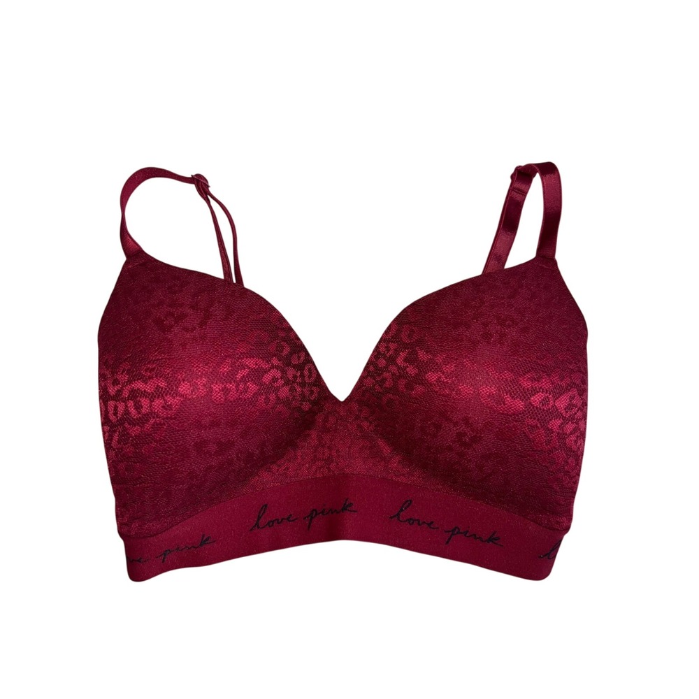 PINK Victoria's Secret Wireless Bra Romantic Leopard Lace Burgundy 32DD Padded